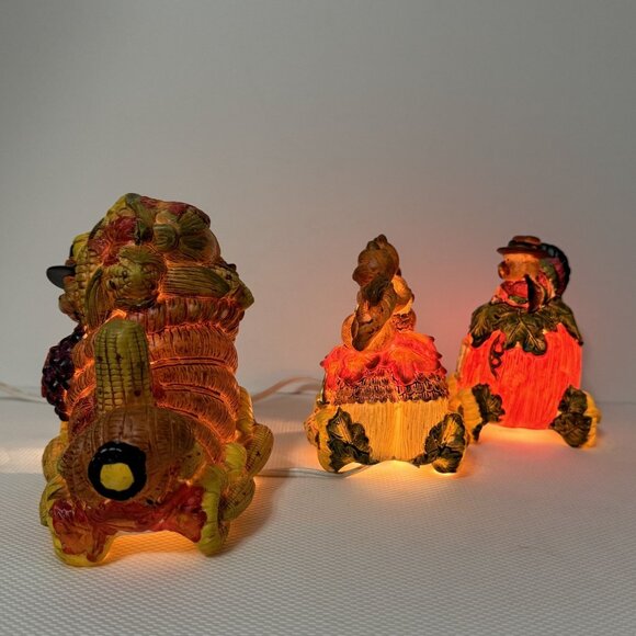 Vintage Ceramic Light-Up Train Set Autumn Harvest Fall Cornucopia Squirrels 3 pc - Picture 3 of 16